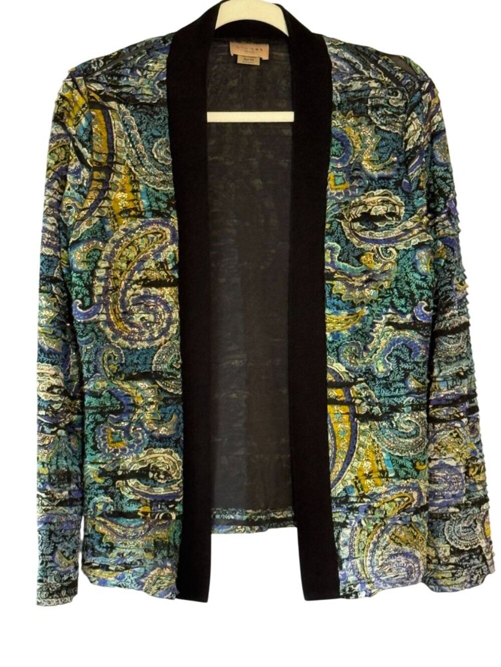 Choices Petite 1980s Paisley Velvet Burnout Cardigan, Open Front Boho Jacket